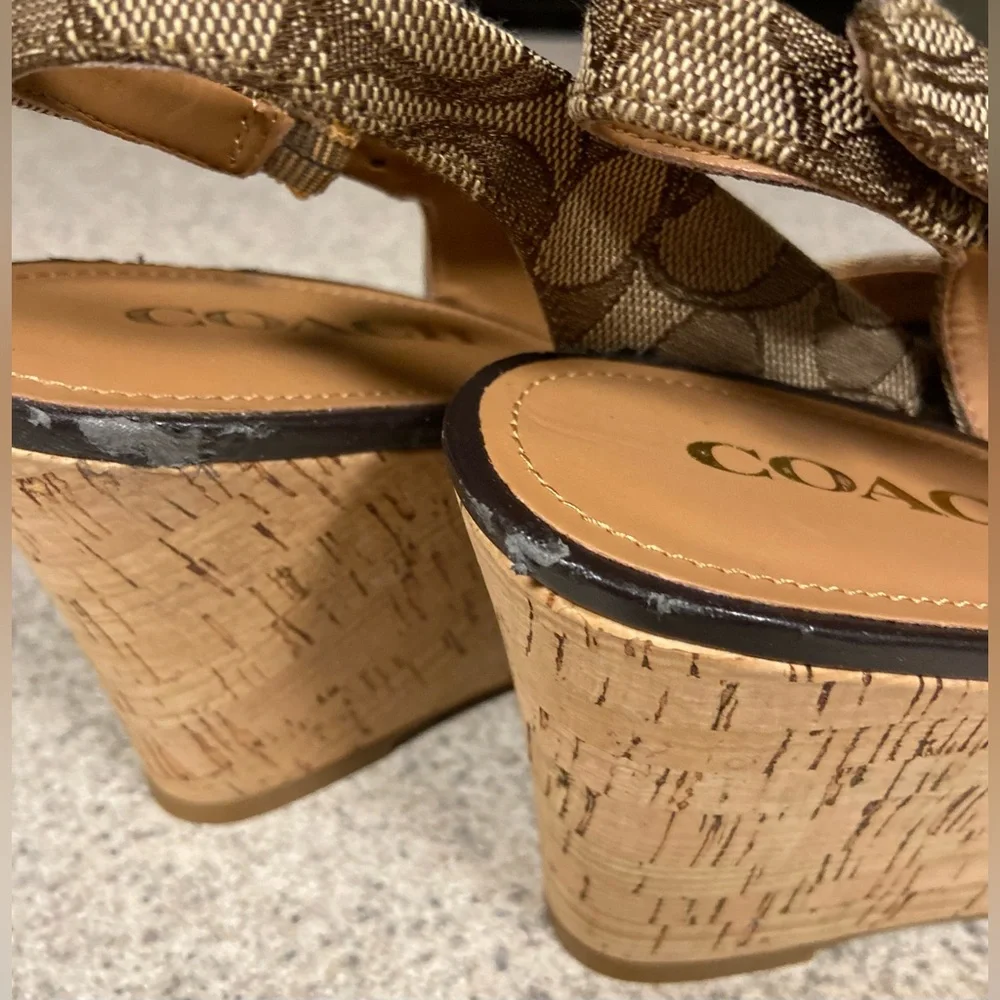 COACH Signature Tan Open Toe Wedges - Picture 5 of 6